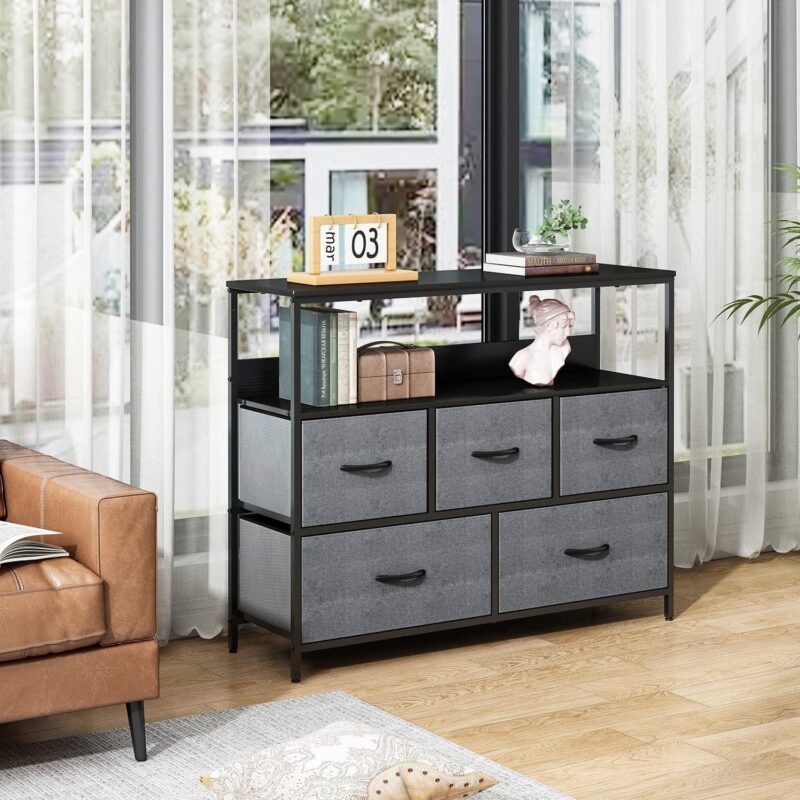 MONVANE 40 inches TV Stand for 45  TV, Dresser Drawers Entertainment Center with Shelves for Bedroom, Living Room,Grey - Image 6