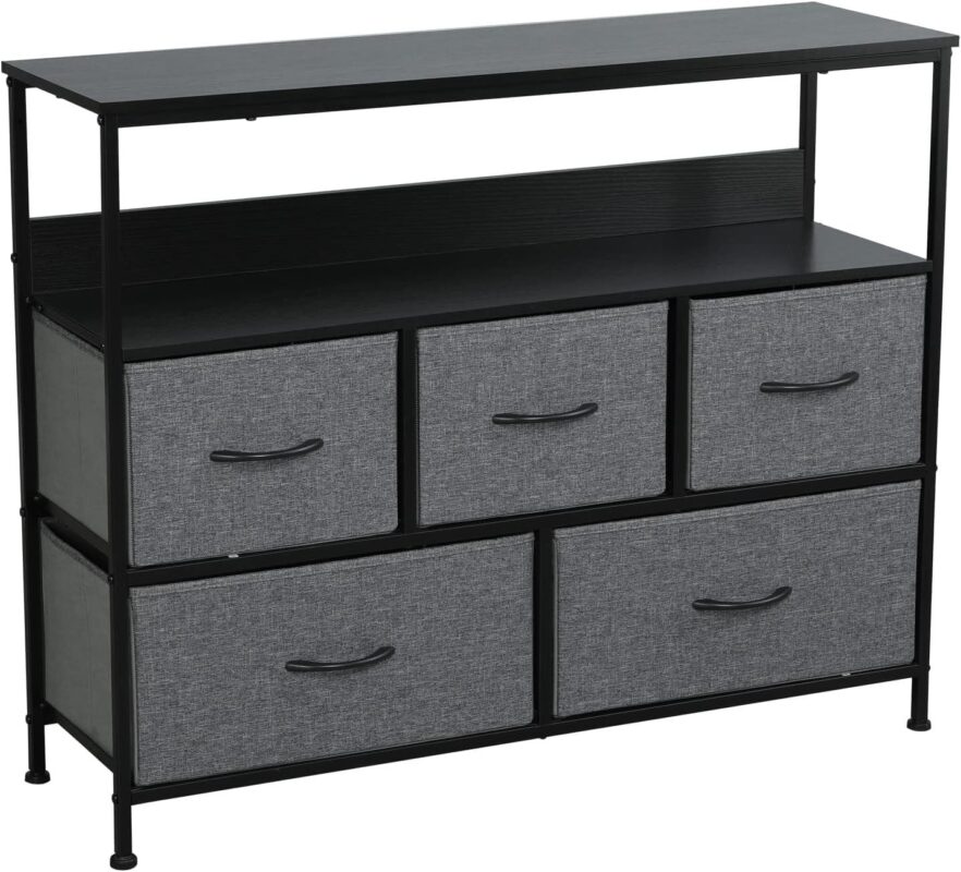 MONVANE 40 inches TV Stand for 45  TV, Dresser Drawers Entertainment Center with Shelves for Bedroom, Living Room,Grey - Image 2