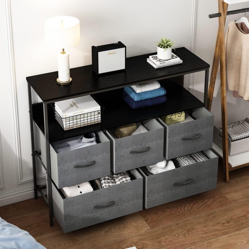 MONVANE 40 inches TV Stand for 45  TV, Dresser Drawers Entertainment Center with Shelves for Bedroom, Living Room,Grey - Image 8