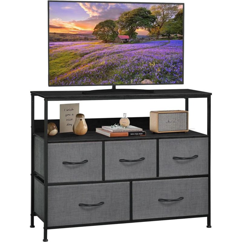 MONVANE 40 inches TV Stand for 45  TV, Dresser Drawers Entertainment Center with Shelves for Bedroom, Living Room,Grey