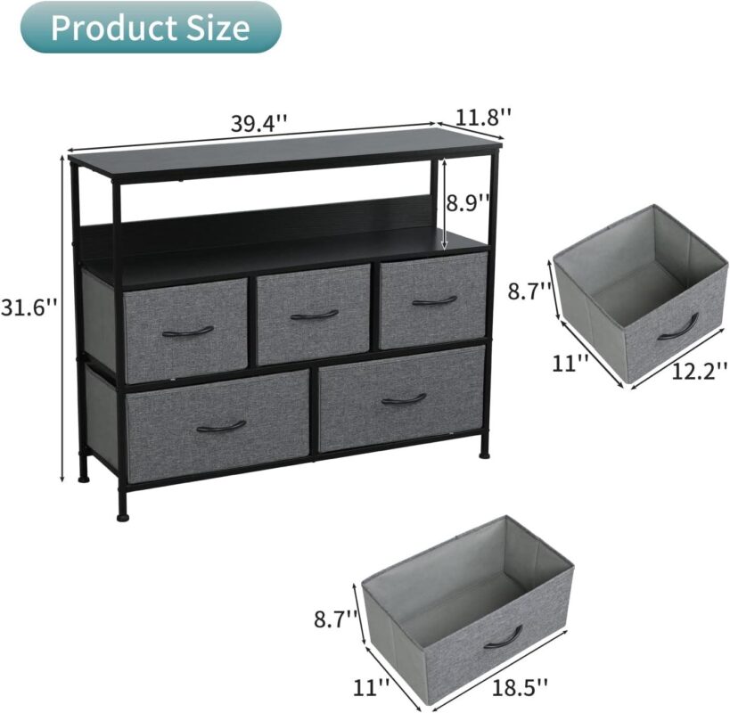 MONVANE 40 inches TV Stand for 45  TV, Dresser Drawers Entertainment Center with Shelves for Bedroom, Living Room,Grey - Image 4