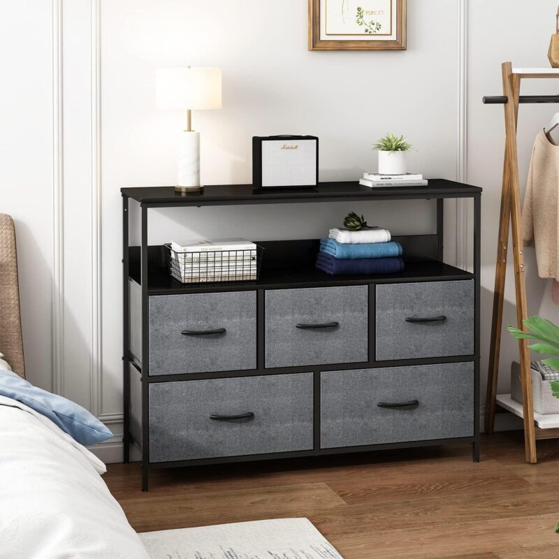 MONVANE 40 inches TV Stand for 45  TV, Dresser Drawers Entertainment Center with Shelves for Bedroom, Living Room,Grey - Image 7