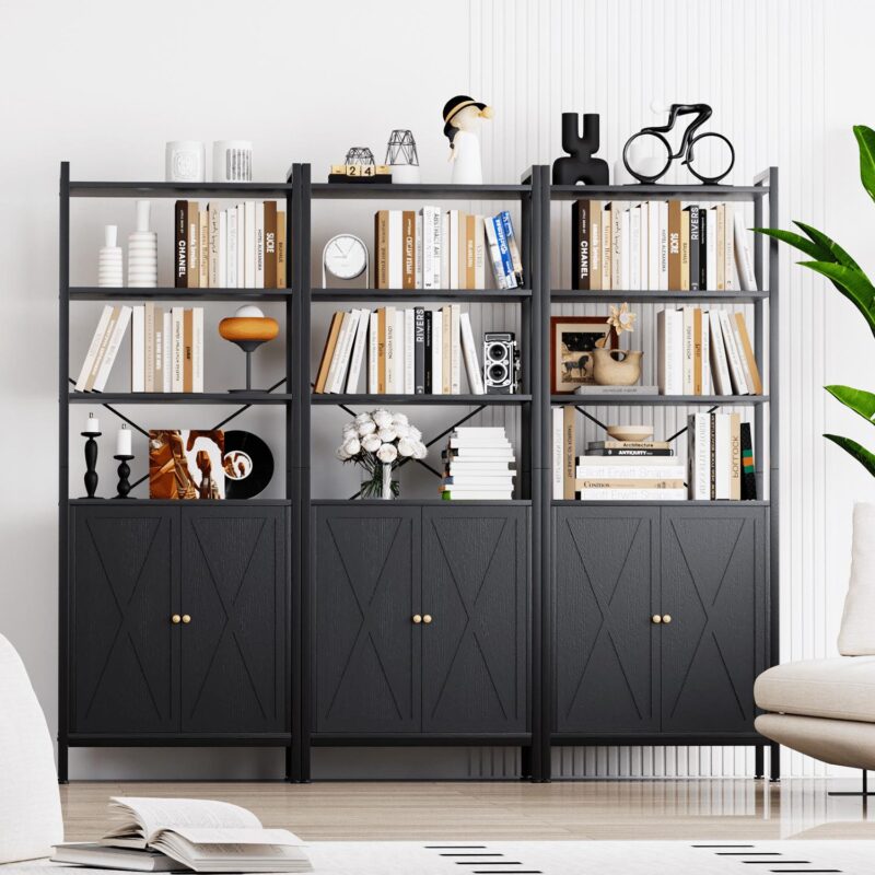 MONVANE Farmhouse Bookshelf and Bookcase with Doors, Crosshatch Design, 4 Shelves, 1 Pack, Black - Image 5