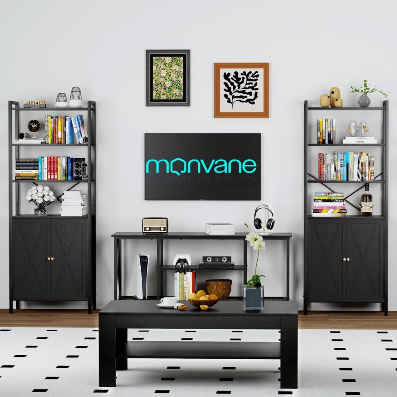 MONVANE Farmhouse Bookshelf and Bookcase with Doors, Crosshatch Design, 4 Shelves, 1 Pack, Black - Image 3