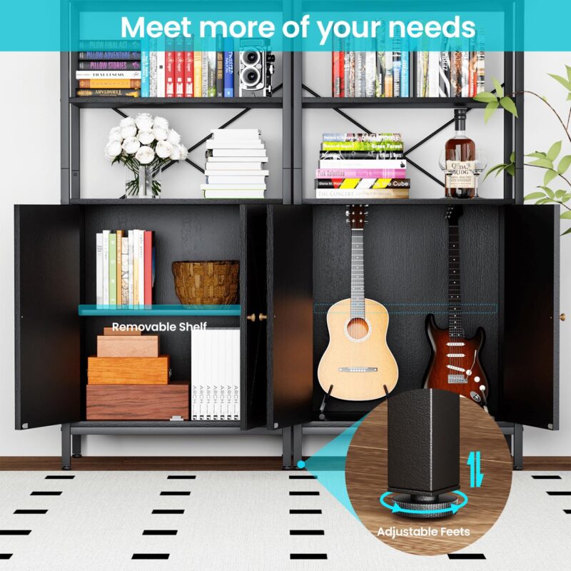 MONVANE Farmhouse Bookshelf and Bookcase with Doors, Crosshatch Design, 4 Shelves, 1 Pack, Black - Image 7