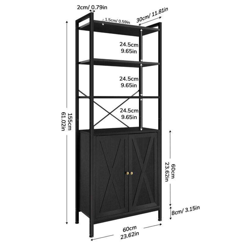 MONVANE Farmhouse Bookshelf and Bookcase with Doors, Crosshatch Design, 4 Shelves, 1 Pack, Black - Image 8