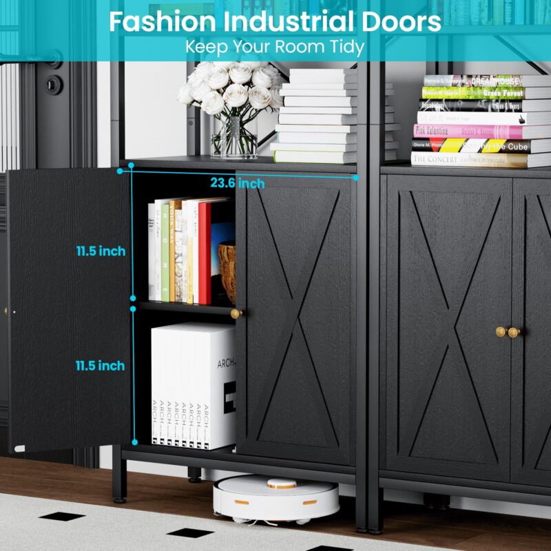 MONVANE Farmhouse Bookshelf and Bookcase with Doors, Crosshatch Design, 4 Shelves, 1 Pack, Black - Image 6