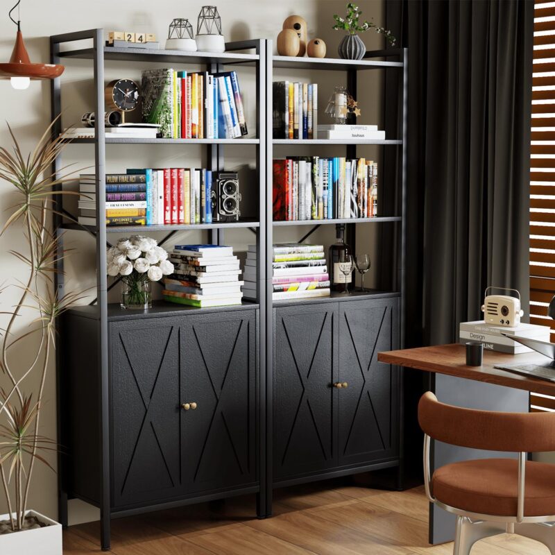 MONVANE Farmhouse Bookshelf and Bookcase with Doors, Crosshatch Design, 4 Shelves, 1 Pack, Black