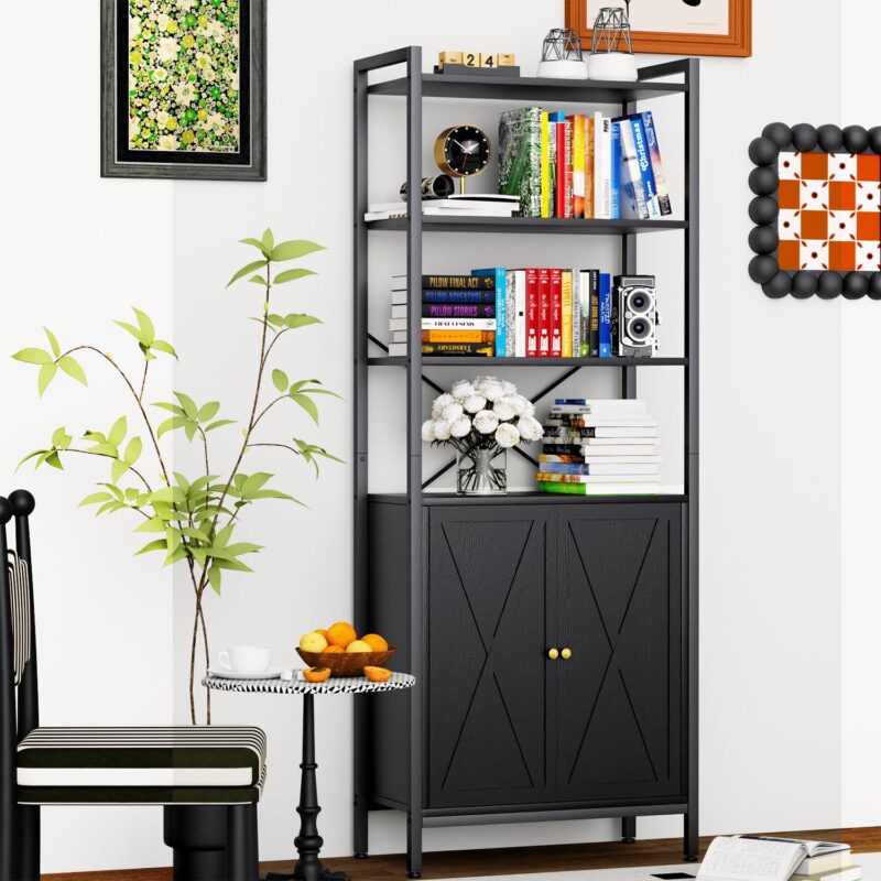MONVANE Farmhouse Bookshelf and Bookcase with Doors, Crosshatch Design, 4 Shelves, 1 Pack, Black - Image 2