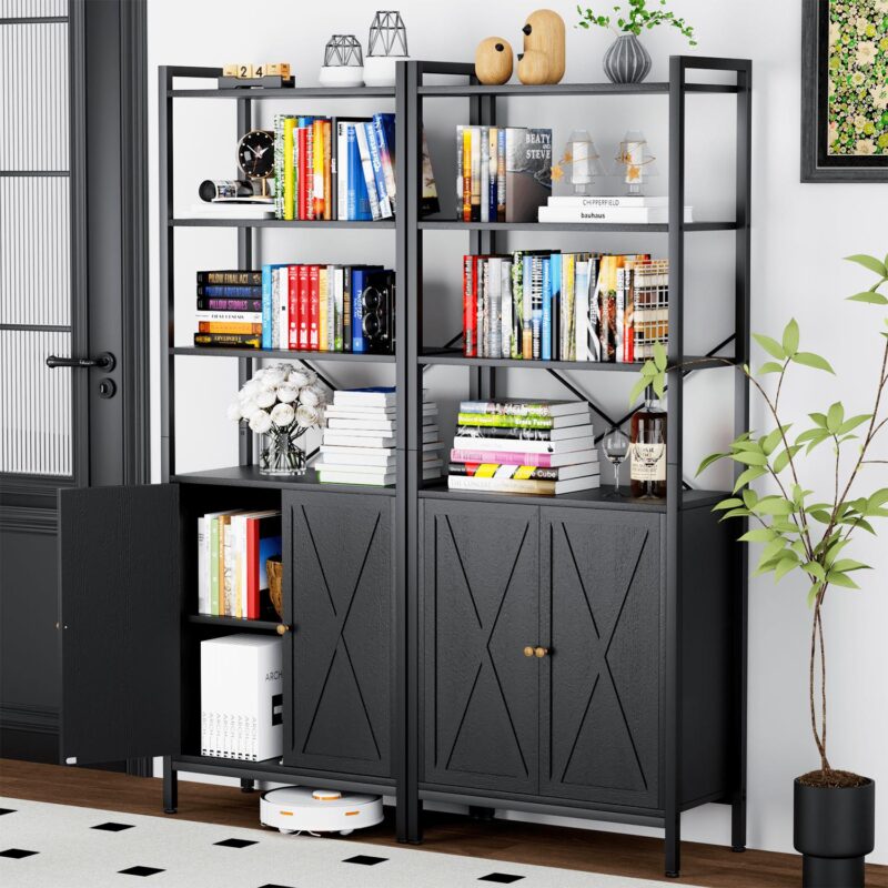 MONVANE Farmhouse Bookshelf and Bookcase with Doors, Crosshatch Design, 4 Shelves, 1 Pack, Black - Image 4