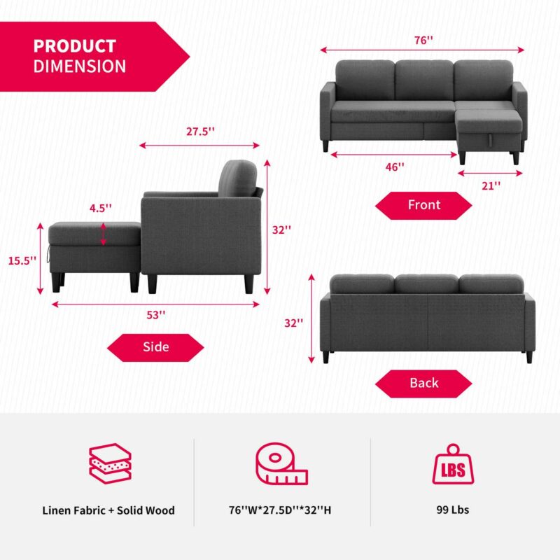 MUZZ Sectional Sofa with Movable Ottoman, Free Combination Sectional Couch, Small L-Shaped Sectional Sofa with Storage Ottoman,Linen Fabric Sofa for Living Room (Dark Grey) - Image 3