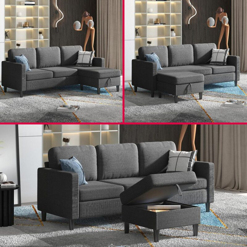 MUZZ Sectional Sofa with Movable Ottoman, Free Combination Sectional Couch, Small L-Shaped Sectional Sofa with Storage Ottoman,Linen Fabric Sofa for Living Room (Dark Grey) - Image 5
