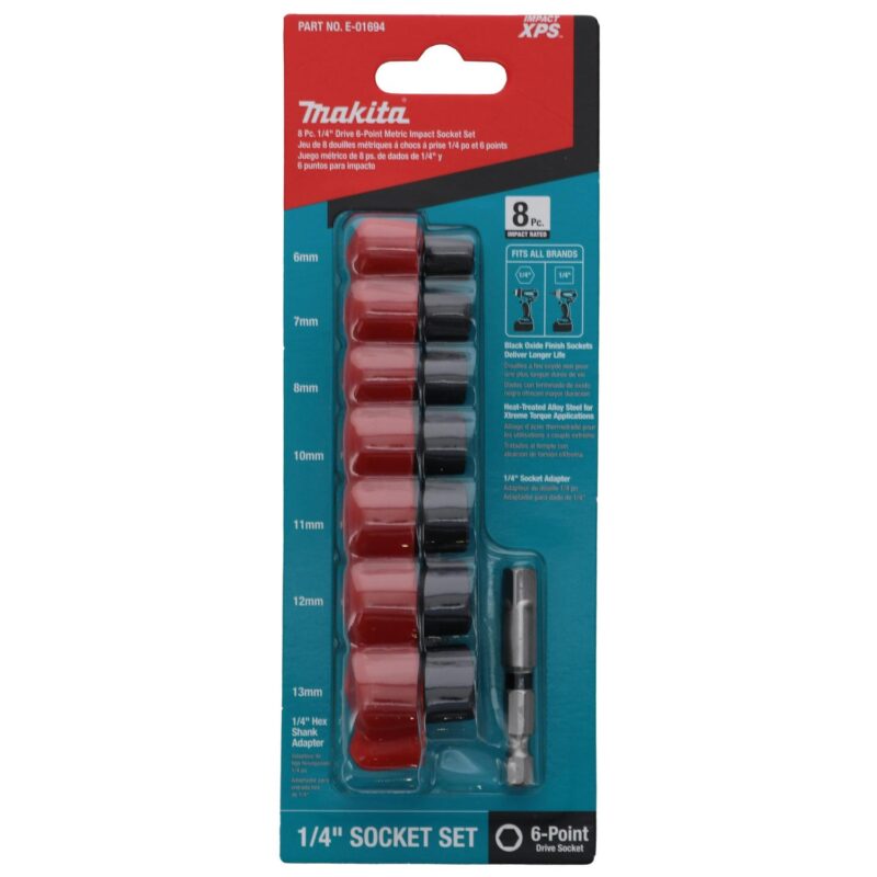 Makita E-01694 8 pc 1/4 in Drive Metric XPS 6-Point Impact Socket Set With Standard Socket Adapter (4-Pack) - Image 2