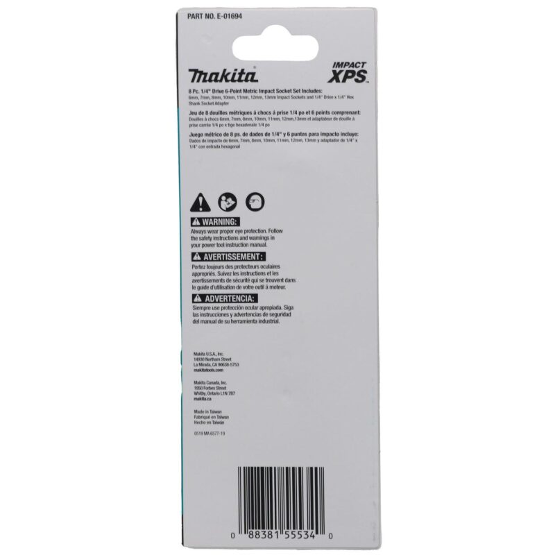 Makita E-01694 8 pc 1/4 in Drive Metric XPS 6-Point Impact Socket Set With Standard Socket Adapter (4-Pack) - Image 3