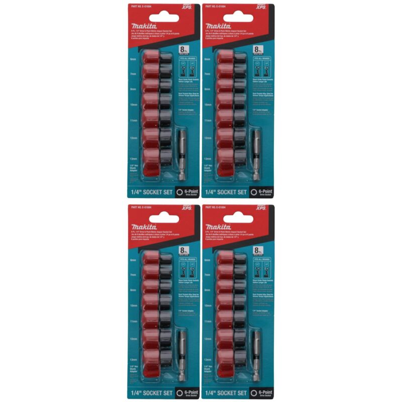Makita E-01694 8 pc 1/4 in Drive Metric XPS 6-Point Impact Socket Set With Standard Socket Adapter (4-Pack)