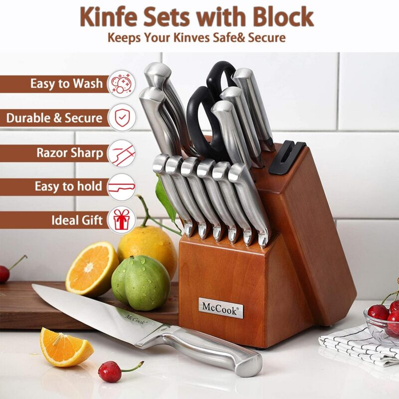 McCook MC29 Knife Sets, 15 Pieces German Stainless Steel Kitchen Knife Block Sets with Built-in Sharpener - Image 9
