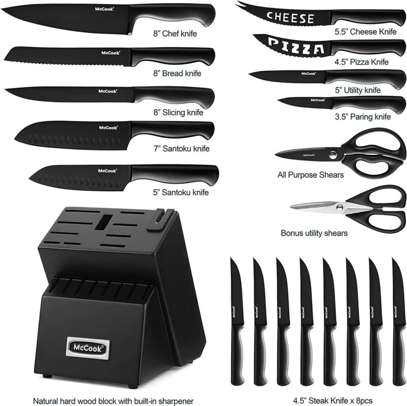 McCook MC69C Knife Block Set,20 Pieces German Stainless Steel Professional Kitchen Knife Set with Built-in Sharpener,Black Knife Set With Block - Image 6