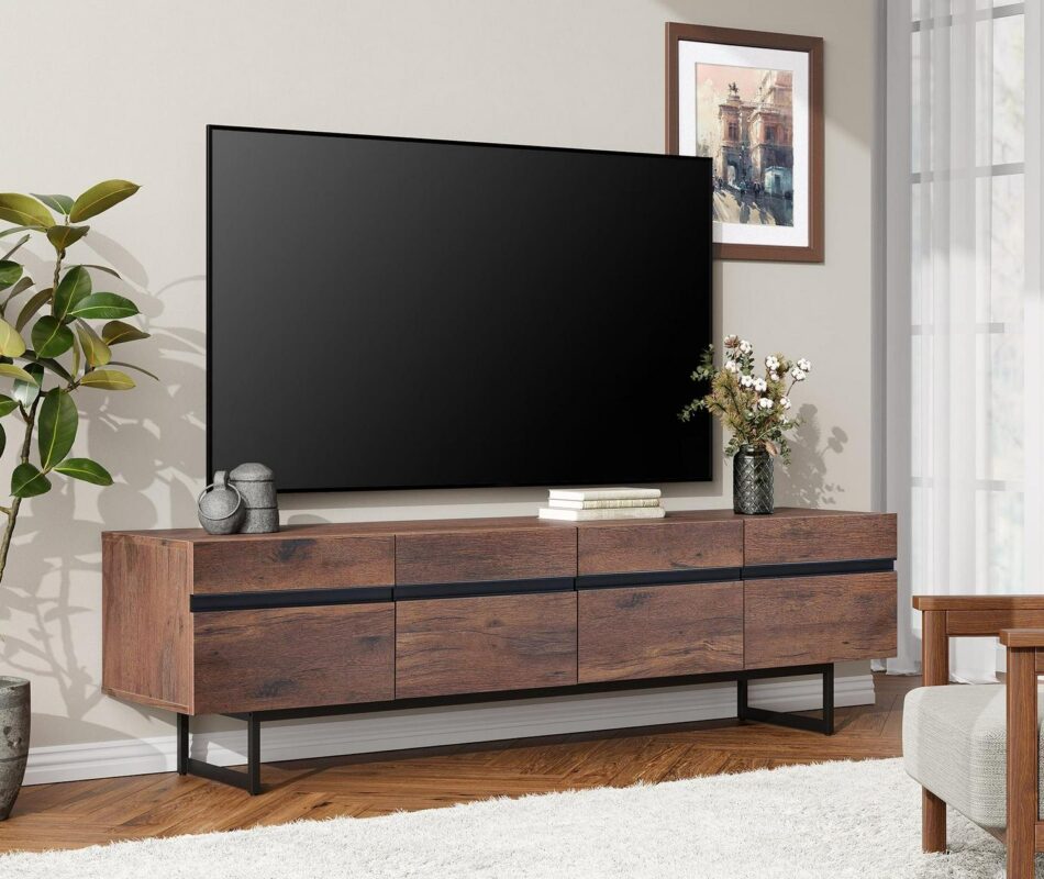 Mid-Century Modern TV Stand for TVs up to 75 inch Flat Screen Wood TV Console Media Cabinet with Storage