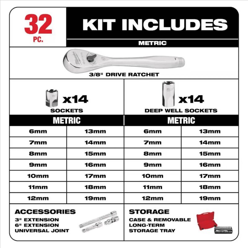 Milwaukee 48-22-9508 3/8  Drive 32pc Metric Ratchet and Socket Set - Image 3