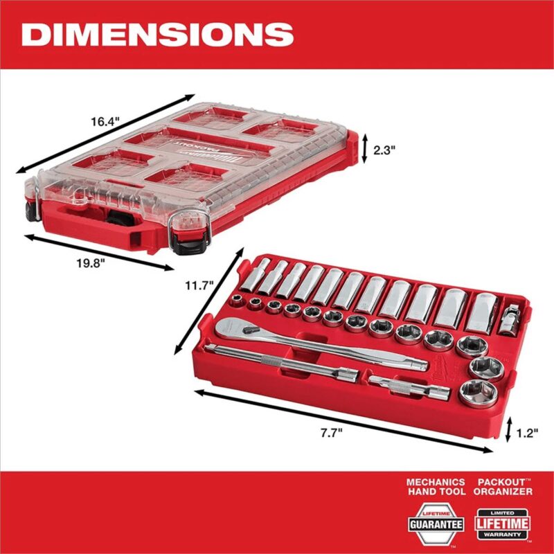 Milwaukee Tool 3/8” Drive 28pc Ratchet and Socket Set with PACKOUT Low-Profile Compact Organizer - SAE - Image 4