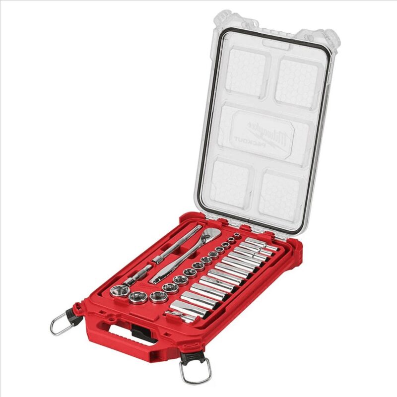 Milwaukee Tool 3/8” Drive 28pc Ratchet and Socket Set with PACKOUT Low-Profile Compact Organizer - SAE