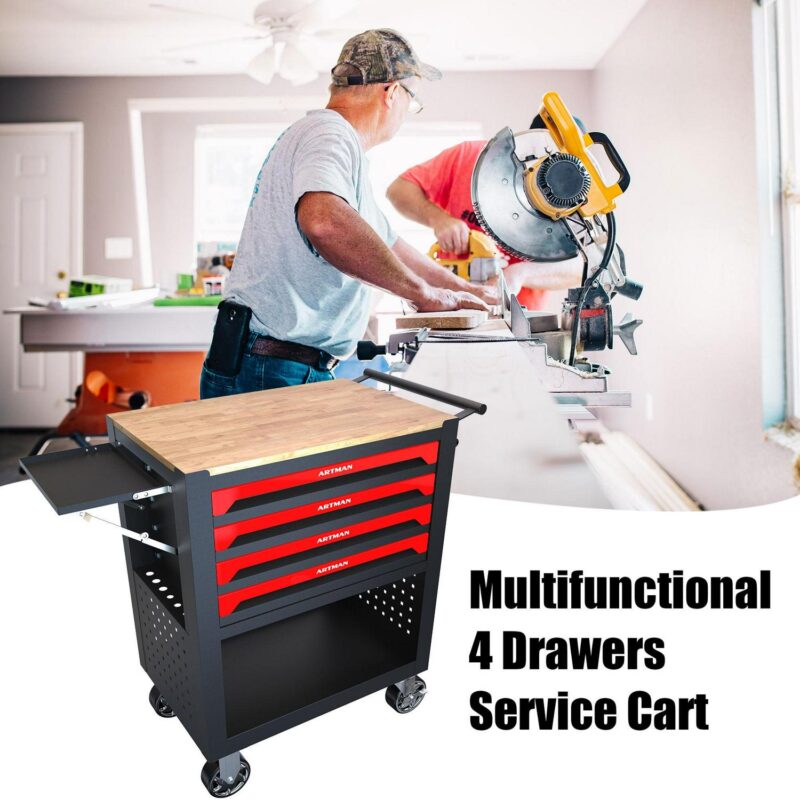 Miniyam Tool Cart, 5-Tier Rolling Tool Box Cabinet on Wheels with Lockable Drawers and Sliding Top, Heavy Duty Steel Tool Storage Organizer for Garage Warehouse Workshop, Red - Image 2