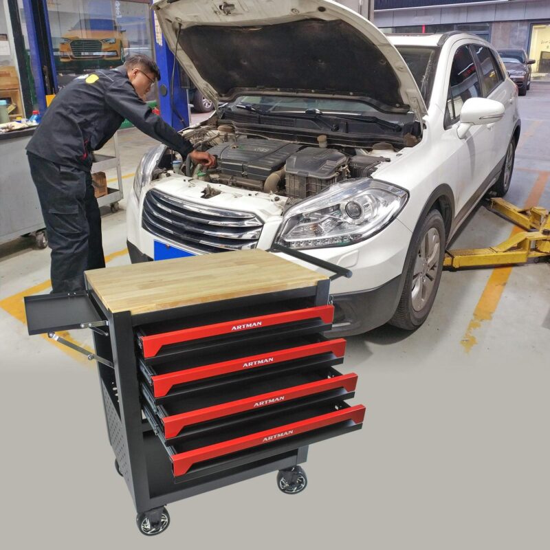 Miniyam Tool Cart, 5-Tier Rolling Tool Box Cabinet on Wheels with Lockable Drawers and Sliding Top, Heavy Duty Steel Tool Storage Organizer for Garage Warehouse Workshop, Red - Image 3