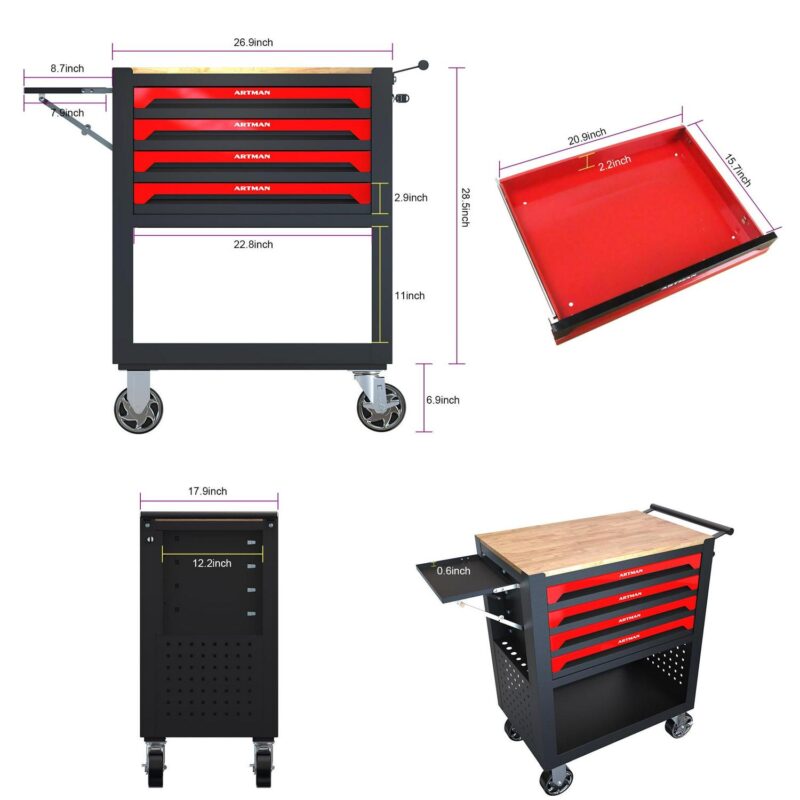 Miniyam Tool Cart, 5-Tier Rolling Tool Box Cabinet on Wheels with Lockable Drawers and Sliding Top, Heavy Duty Steel Tool Storage Organizer for Garage Warehouse Workshop, Red - Image 8