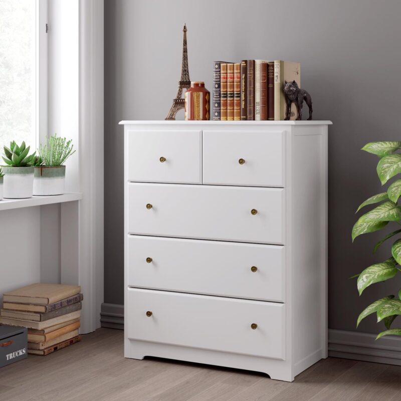 Modern Dresser of 5 Drawers, Dresser Chest with Easy Pull Handle for Bedroom, Living Room, White Finish - Image 4