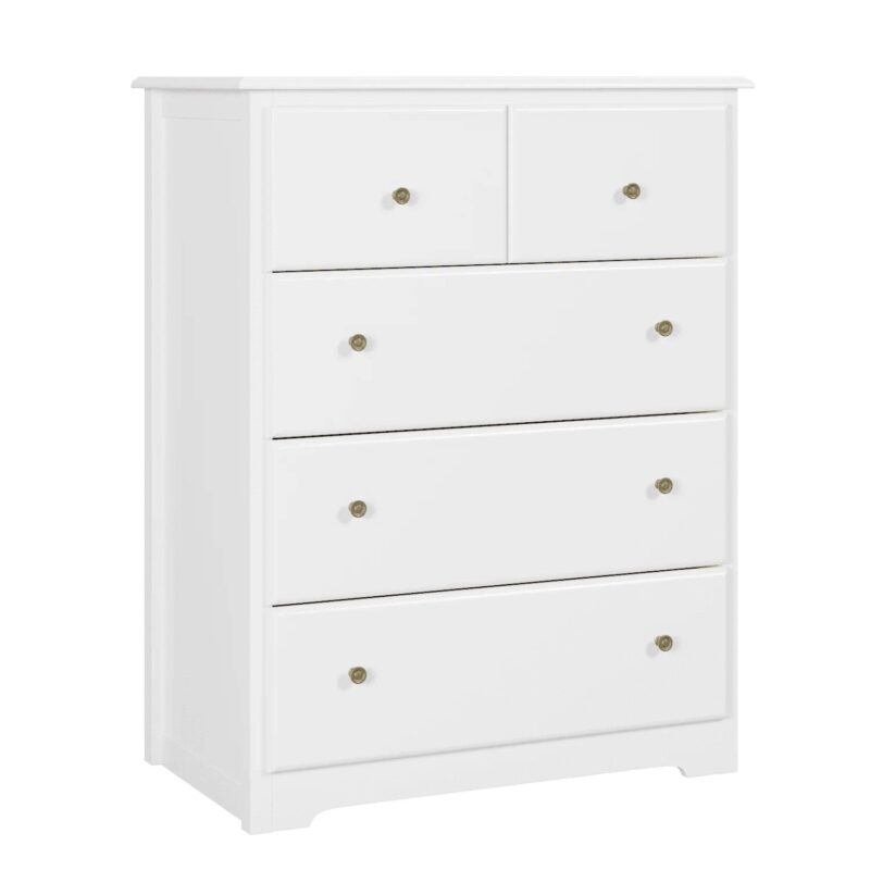 Modern Dresser of 5 Drawers, Dresser Chest with Easy Pull Handle for Bedroom, Living Room, White Finish