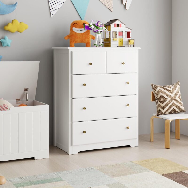 Modern Dresser of 5 Drawers, Dresser Chest with Easy Pull Handle for Bedroom, Living Room, White Finish - Image 6