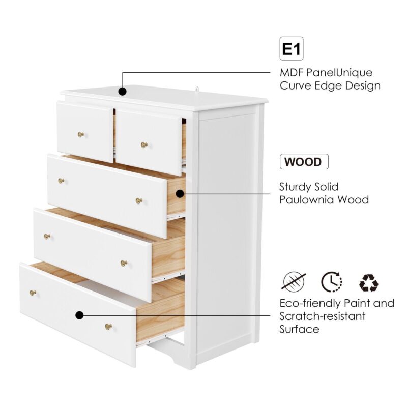 Modern Dresser of 5 Drawers, Dresser Chest with Easy Pull Handle for Bedroom, Living Room, White Finish - Image 3
