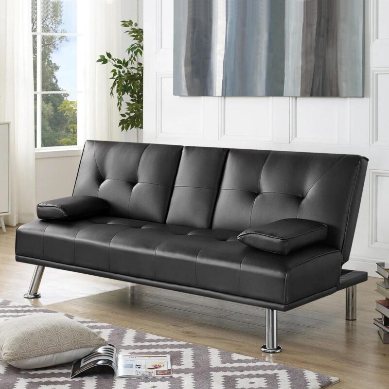 Modern Faux Leather Futon Sofa Bed with Cup Holders, Convertible Floding Sofa Couch, Black - Image 7