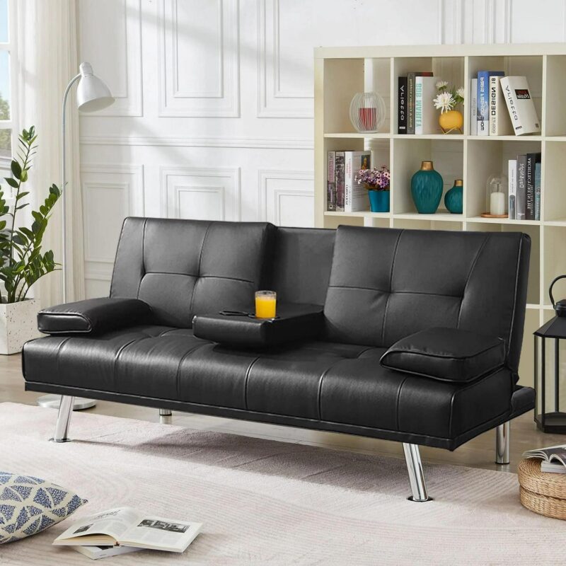 Modern Faux Leather Futon Sofa Bed with Cup Holders, Convertible Floding Sofa Couch, Black - Image 6