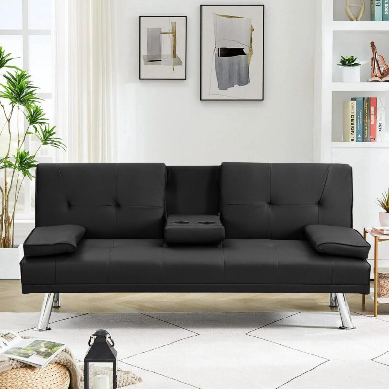 Modern Faux Leather Futon Sofa Bed with Cup Holders, Convertible Floding Sofa Couch, Black - Image 4