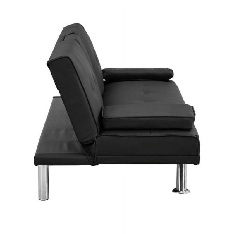 Modern Faux Leather Futon Sofa Bed with Cup Holders, Convertible Floding Sofa Couch, Black - Image 3