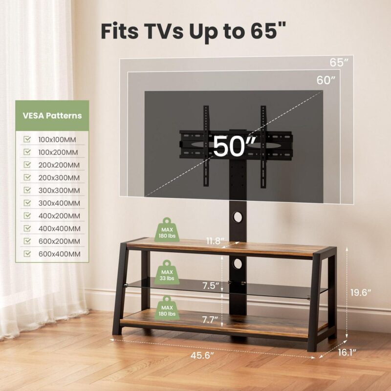 Modstyle Television Stand for TVs up to 65 , Entertainment Center Swivel TV Stand with Mount, Rustic Brown - Image 5