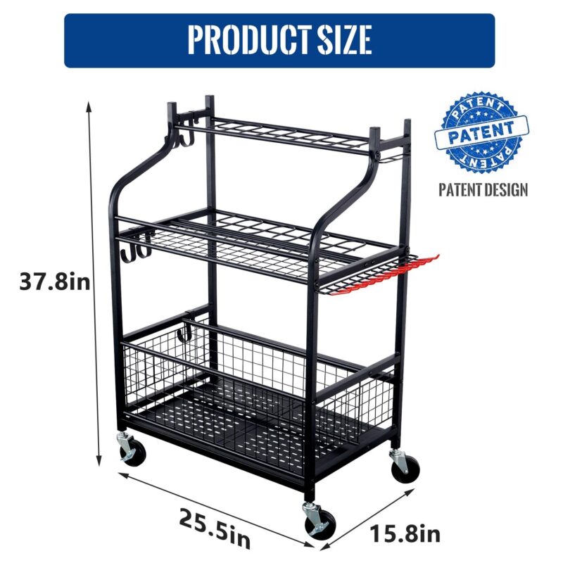Mythinglogic Garden Tool Organizer for Garage with Wheels, Alloy Steel Yard Garage Storage Hold, Black - Image 5