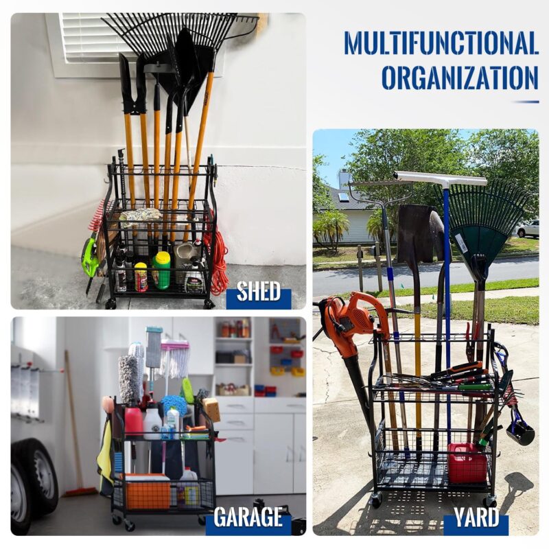 Mythinglogic Garden Tool Organizer for Garage with Wheels, Alloy Steel Yard Garage Storage Hold, Black - Image 4