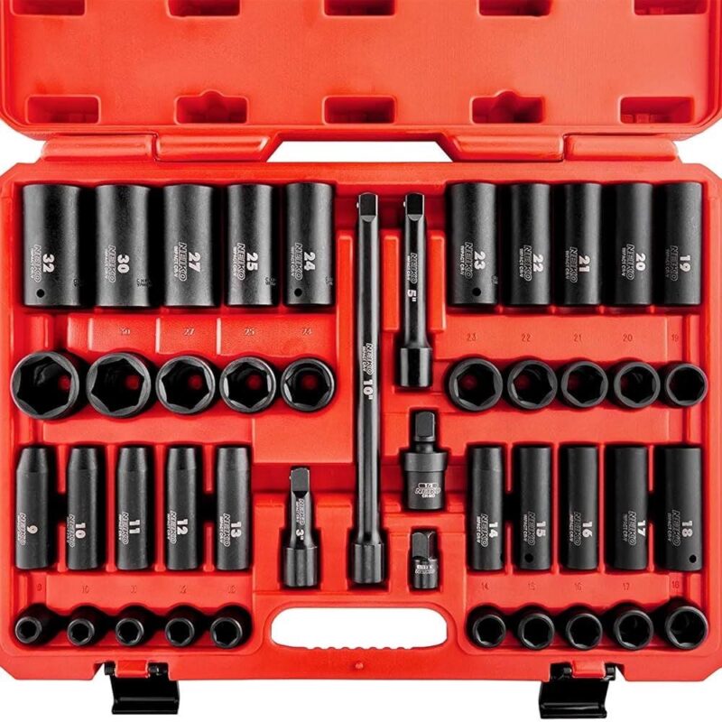 NEIKO 02330A 1/2 Impact Socket Set, 45 Piece Deep and Shallow Assortment, Metric Sizes 9mm to 32mm, Chrome Vanadium Steel, Extension Bars, Universal Joint and Adapter, 1/2  Drive Deep Well Set