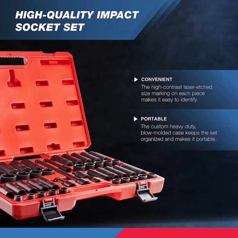 NEIKO 02330A 1/2 Impact Socket Set, 45 Piece Deep and Shallow Assortment, Metric Sizes 9mm to 32mm, Chrome Vanadium Steel, Extension Bars, Universal Joint and Adapter, 1/2  Drive Deep Well Set - Image 3