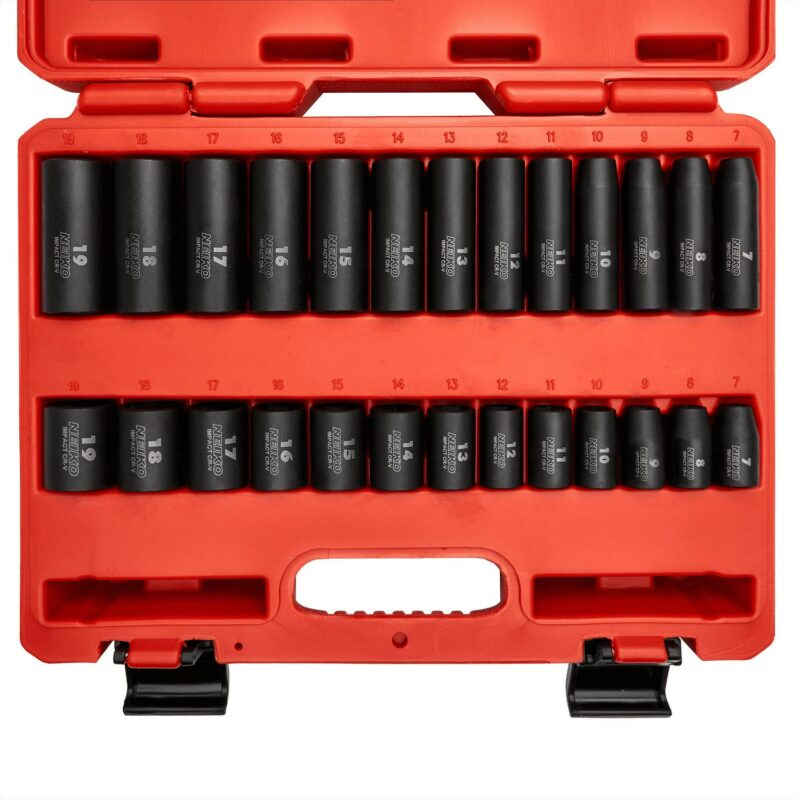 NEIKO 02433A 3/8a Drive Standard and Deep Metric Impact Socket Set | 26 Pieces | Metric 7mm to 19mm | Premium Cr-V Steel | 6-Point Hex Design | Corrosion Resistant Black Phosphate Coating