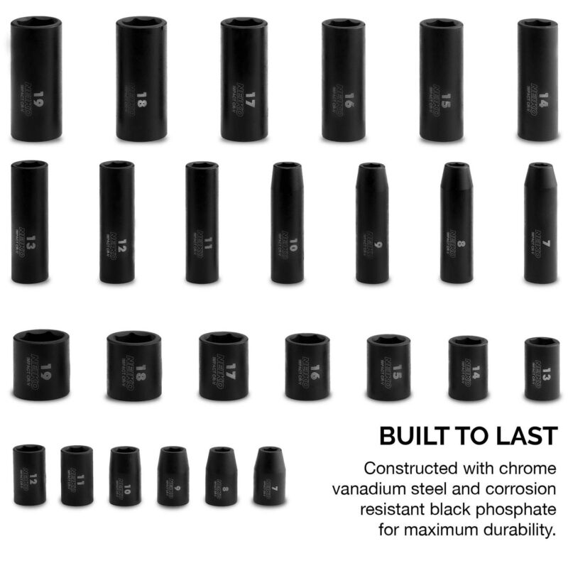 NEIKO 02433A 3/8a Drive Standard and Deep Metric Impact Socket Set | 26 Pieces | Metric 7mm to 19mm | Premium Cr-V Steel | 6-Point Hex Design | Corrosion Resistant Black Phosphate Coating - Image 2