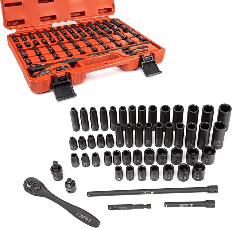 NEIKO 02437A 1/4 Drive Impact Socket Set 54 Piece Metric and Standard, Deep and Shallow Chrome Vanadium Steel 3/8a to 1/4a Reducer Hex Shank Adapter, Metric and Standard, Deep Socket Set - Image 4