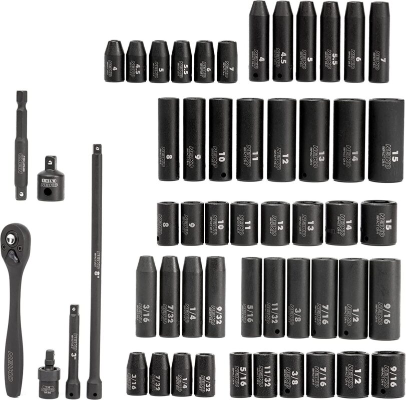 NEIKO 02437A 1/4 Drive Impact Socket Set 54 Piece Metric and Standard, Deep and Shallow Chrome Vanadium Steel 3/8a to 1/4a Reducer Hex Shank Adapter, Metric and Standard, Deep Socket Set - Image 2