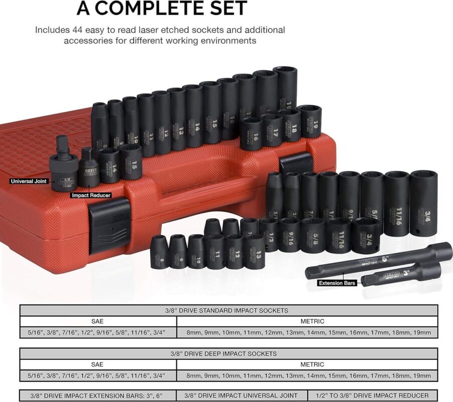 NEIKO 02440A 3/8-Inch-Drive Impact Socket Set, SAE Sizes 5/16  to 3/4  and Metric Sizes 8 mm to 19 mm, Includes Extension Bars and U-Joint, 44 Pieces - Image 2