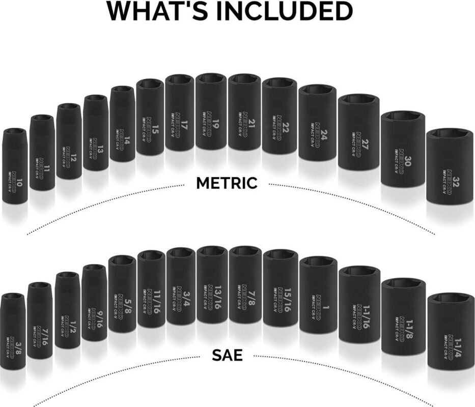 NEIKO 02446A 1/2  Impact Socket Set, 35 Piece, Deep Socket Kit Assortment, Standard SAE (3/8a -1-1/4a ) and Metric MM (10-32mm) Sizes, Includes Ratchet Handle and Impact Extension Bars - Image 5