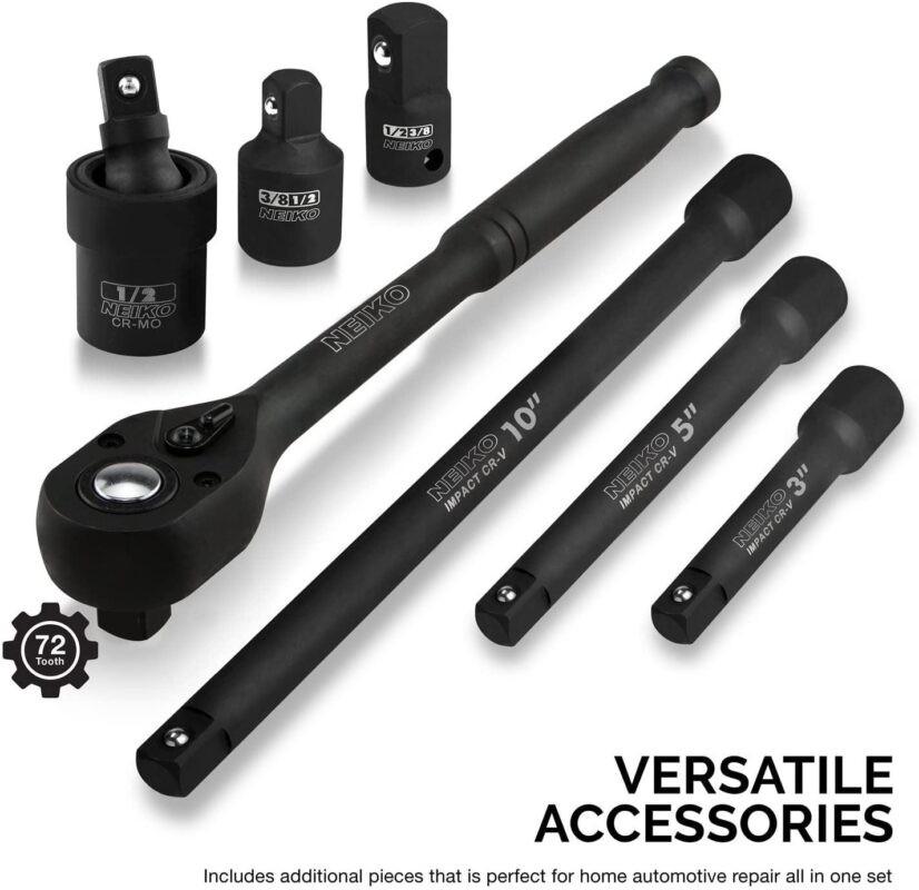 NEIKO 02446A 1/2  Impact Socket Set, 35 Piece, Deep Socket Kit Assortment, Standard SAE (3/8a -1-1/4a ) and Metric MM (10-32mm) Sizes, Includes Ratchet Handle and Impact Extension Bars - Image 4