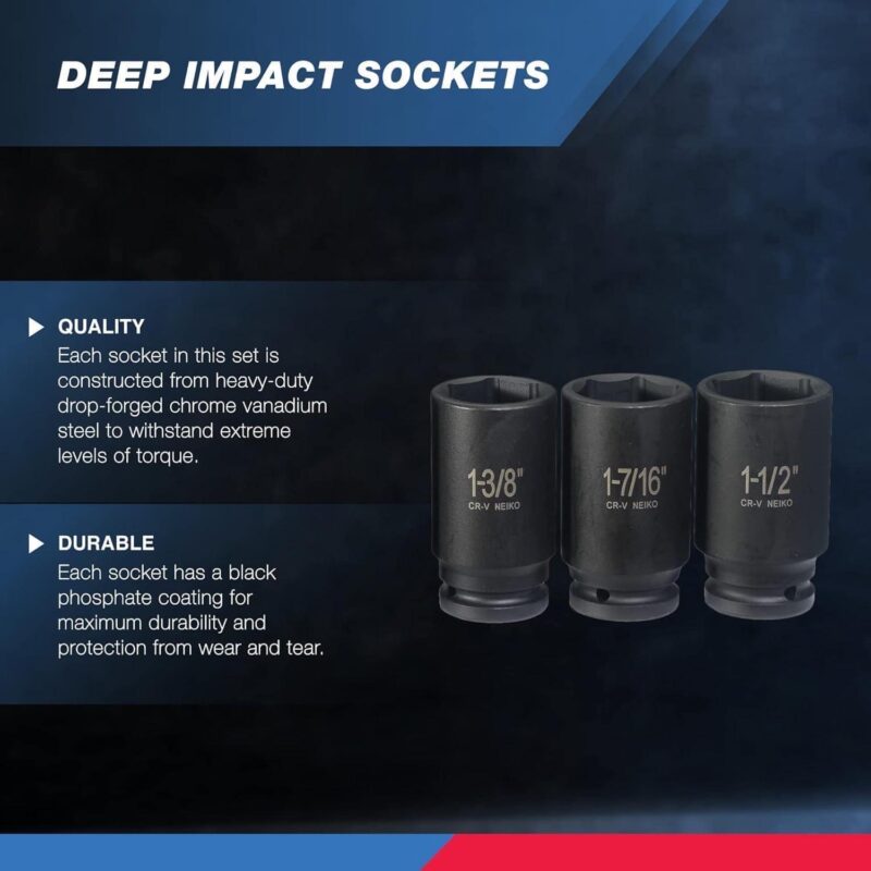 NEIKO 02461A 3/4 Inch Drive Impact Socket Set, SAE 1a to 1-1/2a , 8 PC, Deep/Jumbo Sockets, Chrome Vanadium Cr-V - Image 2
