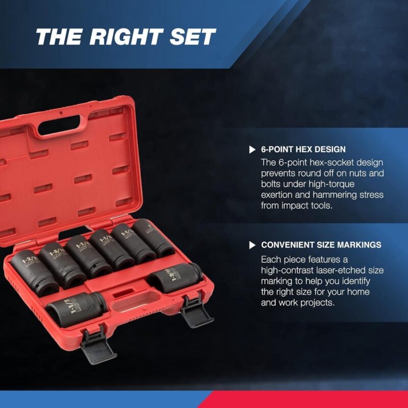 NEIKO 02461A 3/4 Inch Drive Impact Socket Set, SAE 1a to 1-1/2a , 8 PC, Deep/Jumbo Sockets, Chrome Vanadium Cr-V - Image 3